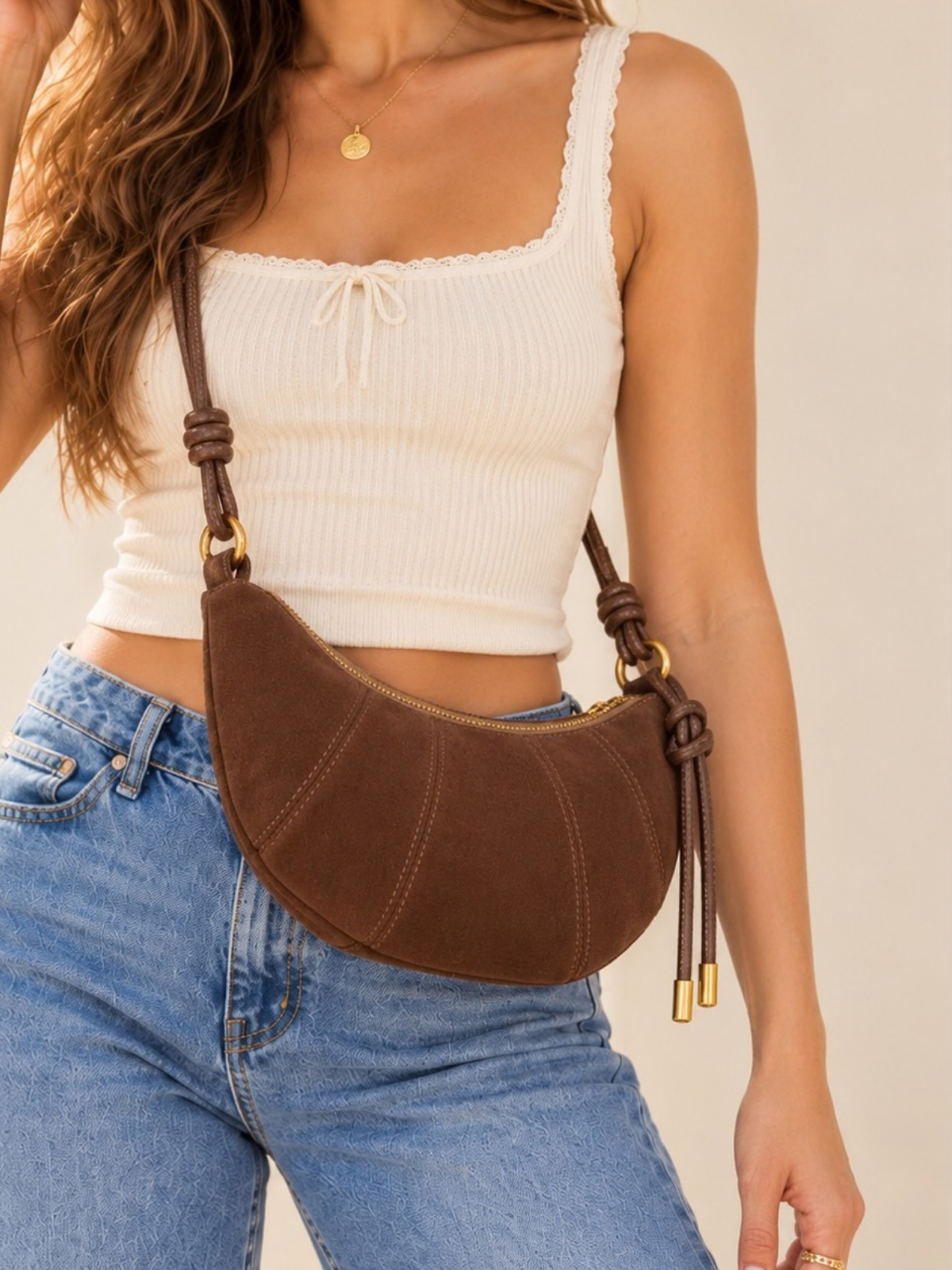 Suede Crescent Shoulder Bag Brown