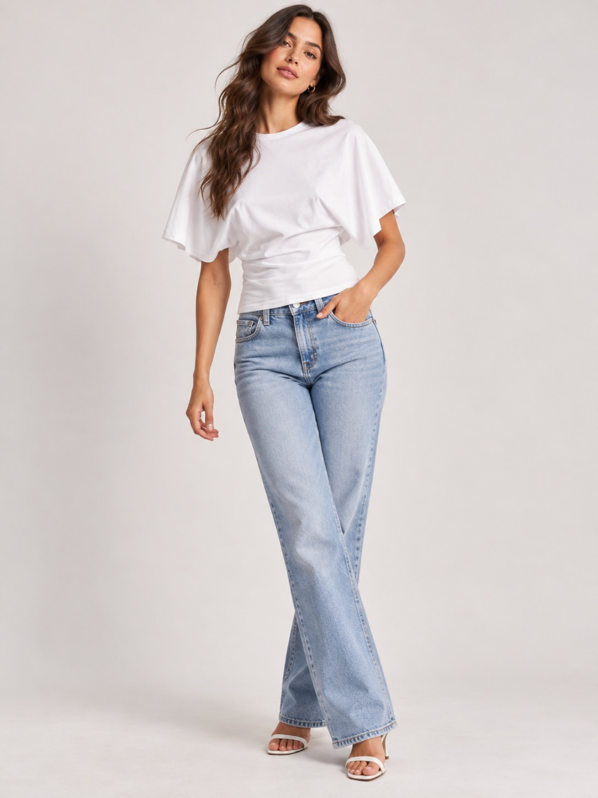 Batwing Sleeve Cinched Waist Crop Top White XS, White S, White M, White L, White XL, White 2XL, White 3XL, White 4XL