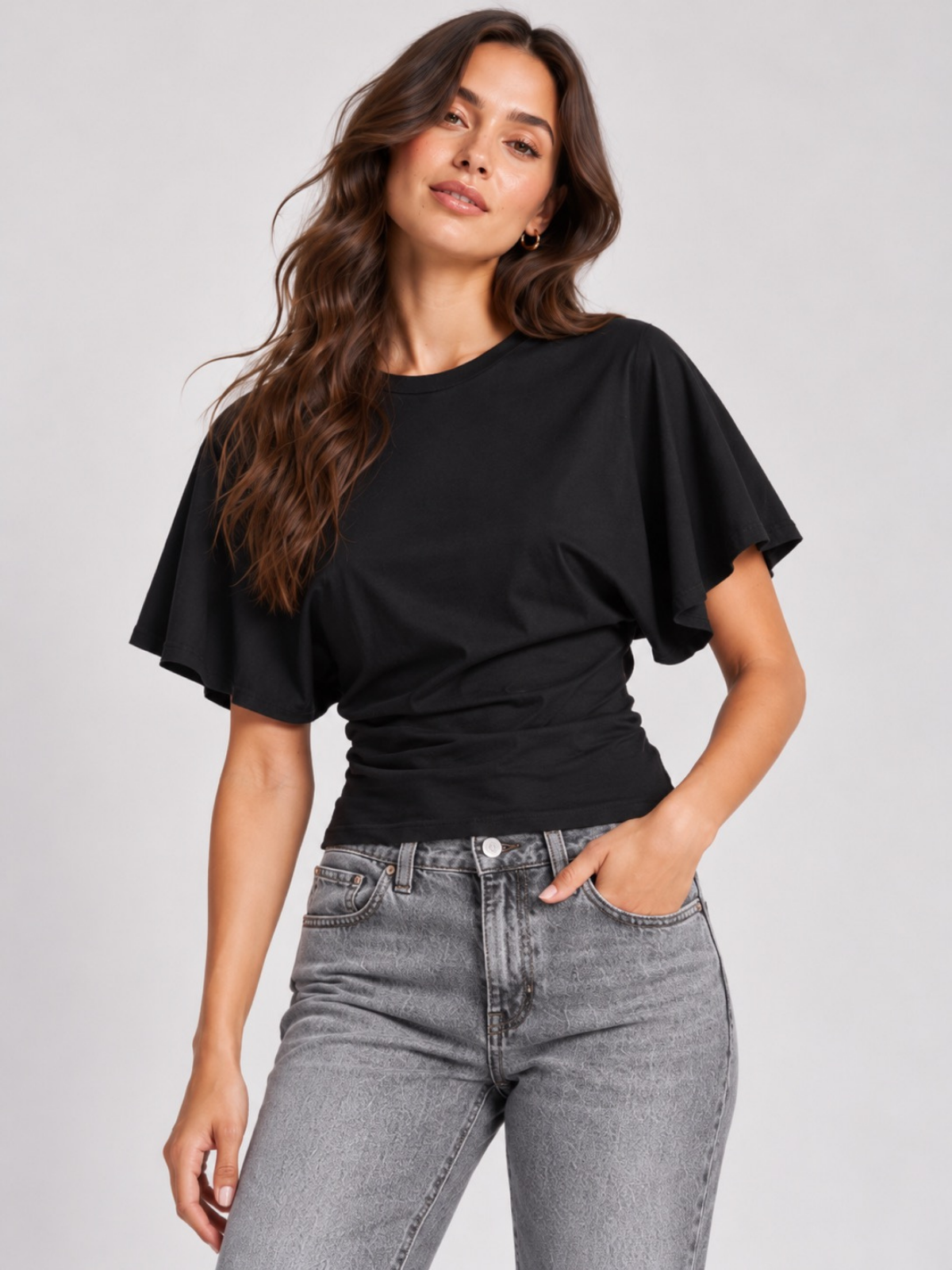 Batwing Sleeve Cinched Waist Crop Top Black XS, Black S, Black M, Black L, Black XL, Black 2XL, Black 3XL, Black 4XL