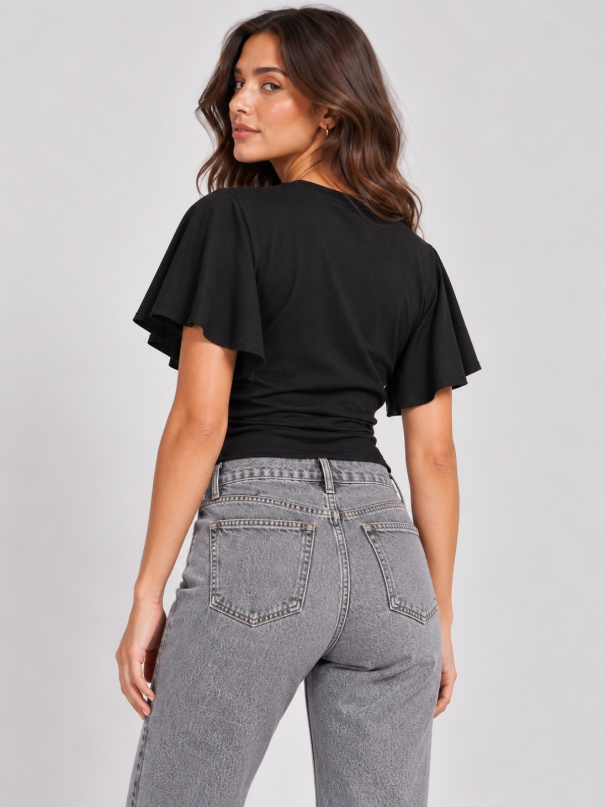 Batwing Sleeve Cinched Waist Crop Top Black XS, Black S, Black M, Black L, Black XL, Black 2XL, Black 3XL, Black 4XL