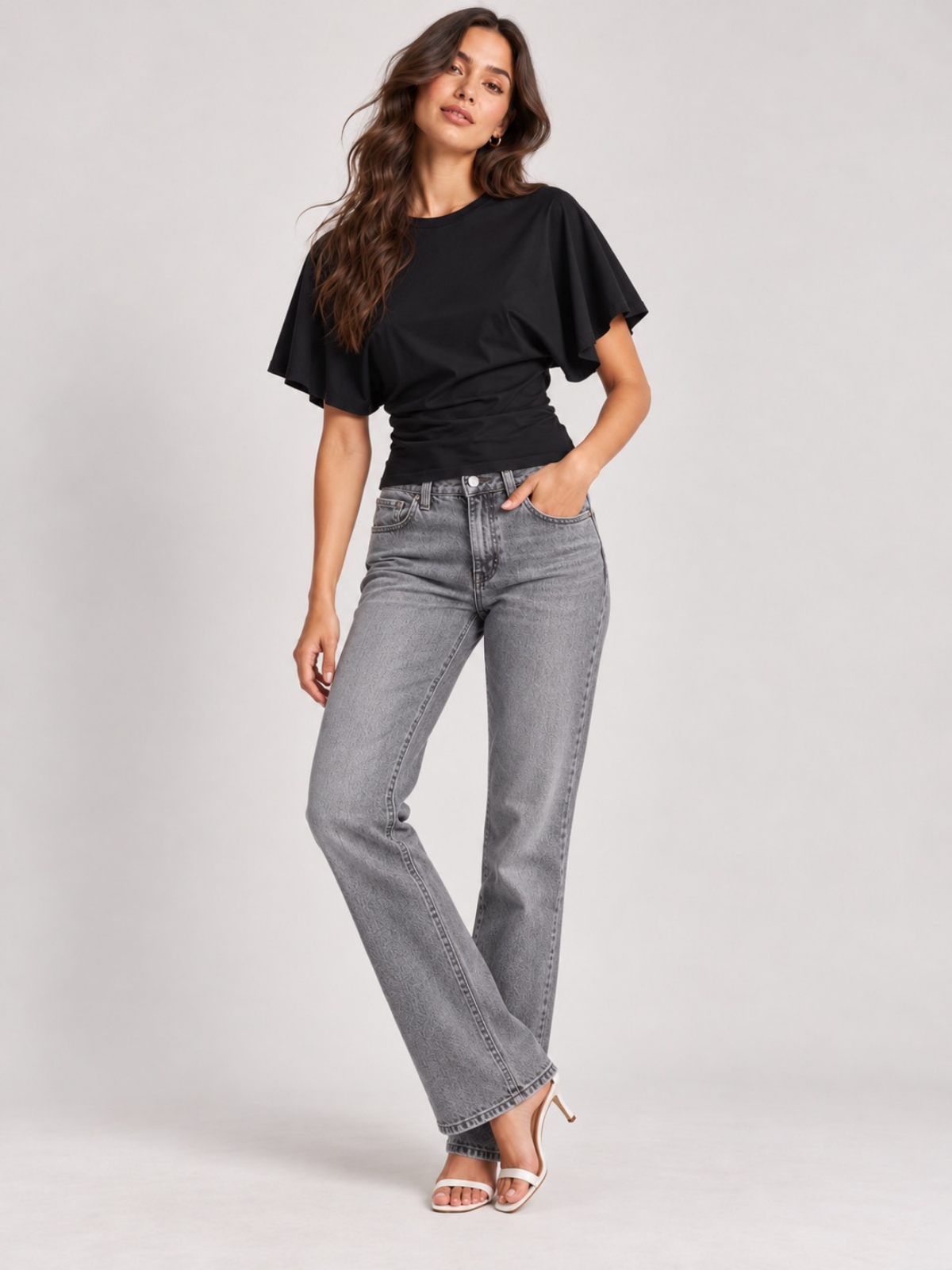 Batwing Sleeve Cinched Waist Crop Top Black XS, Black S, Black M, Black L, Black XL, Black 2XL, Black 3XL, Black 4XL