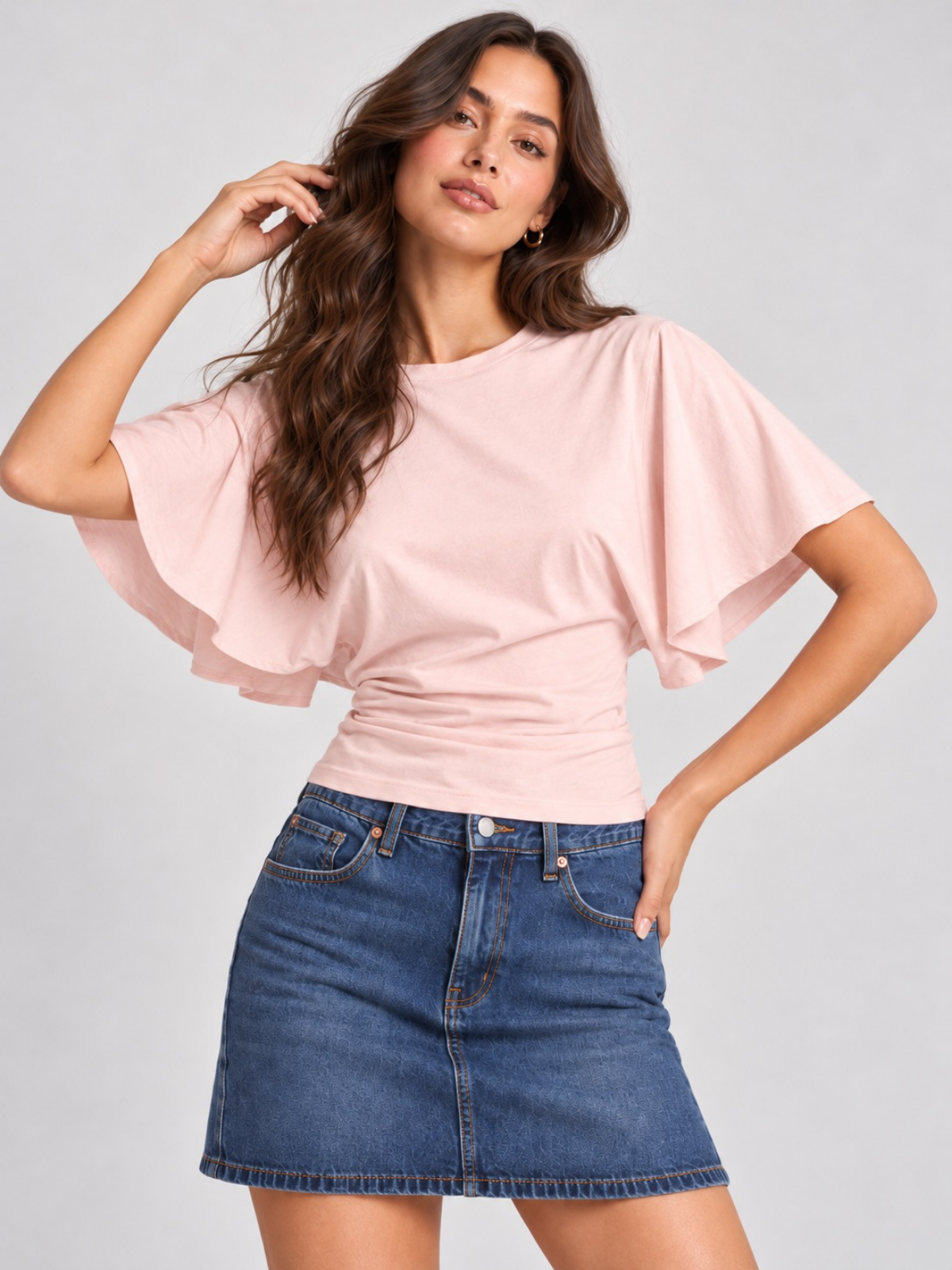 Batwing Sleeve Cinched Waist Crop Top Blush XS, Blush S, Blush M, Blush L, Blush XL, Blush 2XL, Blush 3XL, Blush 4XL