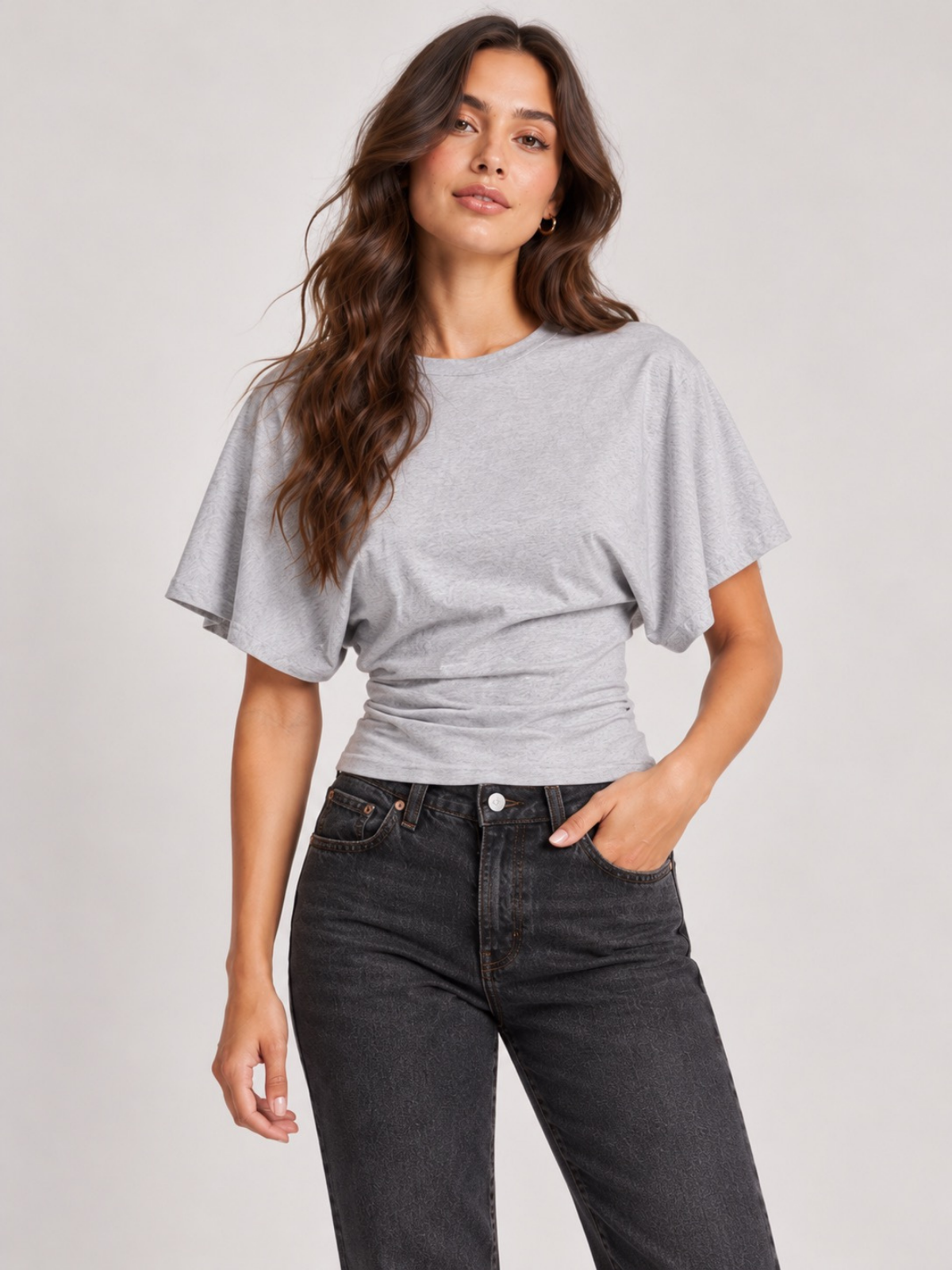 Batwing Sleeve Cinched Waist Crop Top Grey XS, Grey S, Grey M, Grey L, Grey XL, Grey 2XL, Grey 3XL, Grey 4XL
