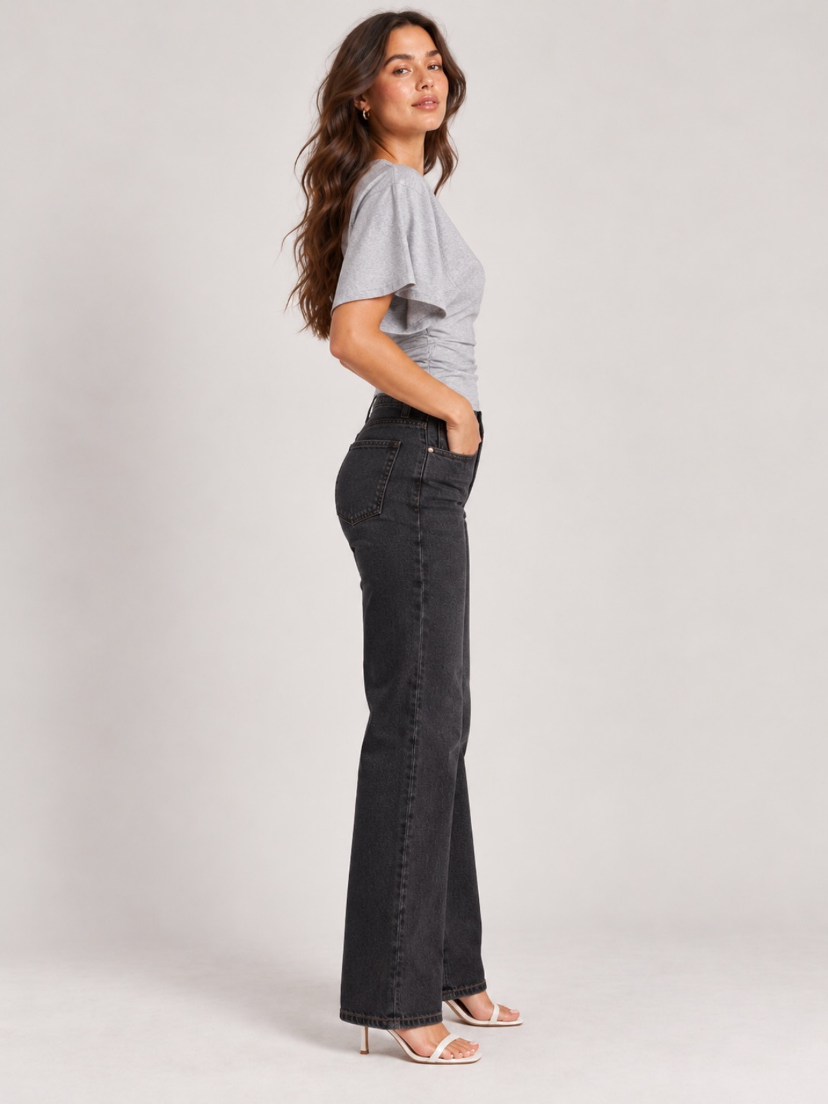 Batwing Sleeve Cinched Waist Crop Top Grey XS, Grey S, Grey M, Grey L, Grey XL, Grey 2XL, Grey 3XL, Grey 4XL