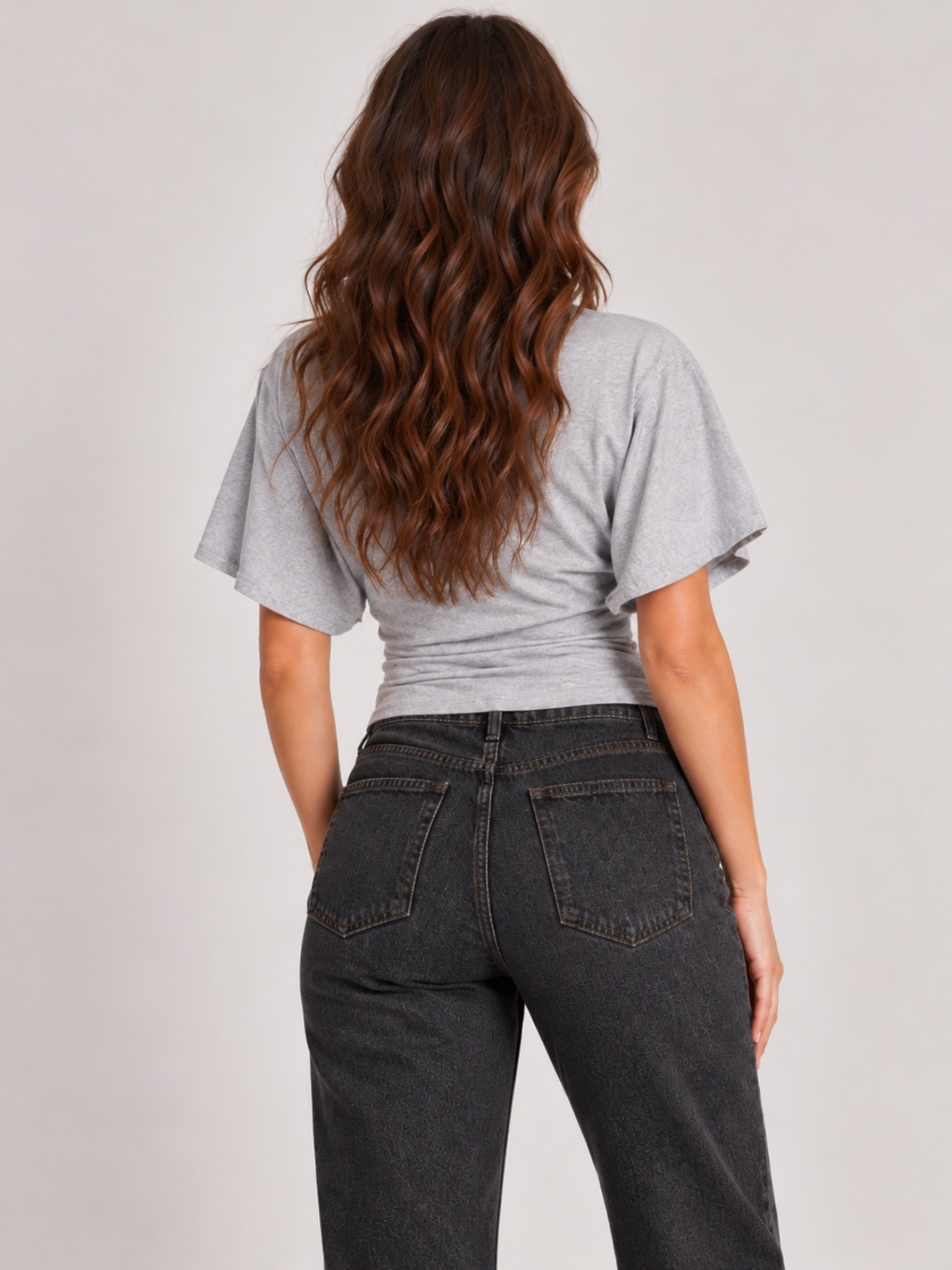 Batwing Sleeve Cinched Waist Crop Top Grey XS, Grey S, Grey M, Grey L, Grey XL, Grey 2XL, Grey 3XL, Grey 4XL