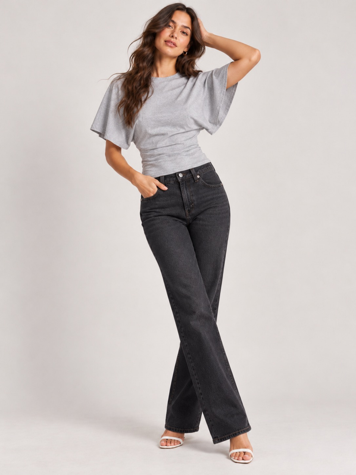 Batwing Sleeve Cinched Waist Crop Top Grey XS, Grey S, Grey M, Grey L, Grey XL, Grey 2XL, Grey 3XL, Grey 4XL