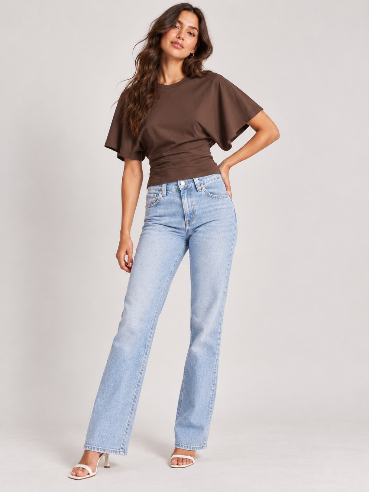 Batwing Sleeve Cinched Waist Crop Top Chocolate XS, Chocolate S, Chocolate M, Chocolate L, Chocolate XL, Chocolate 2XL, Chocolate 3XL, Chocolate 4XL