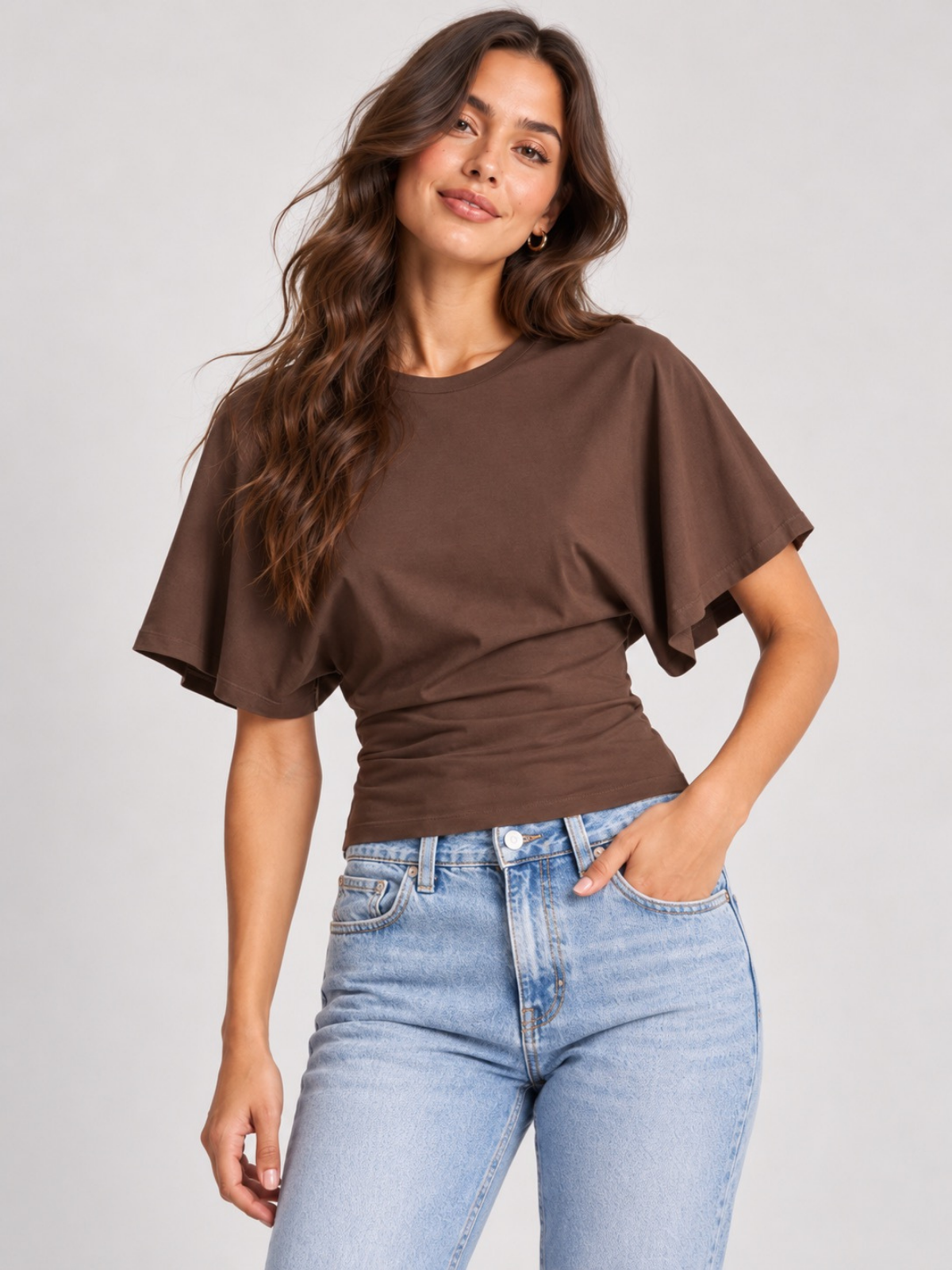 Batwing Sleeve Cinched Waist Crop Top Chocolate XS, Chocolate S, Chocolate M, Chocolate L, Chocolate XL, Chocolate 2XL, Chocolate 3XL, Chocolate 4XL