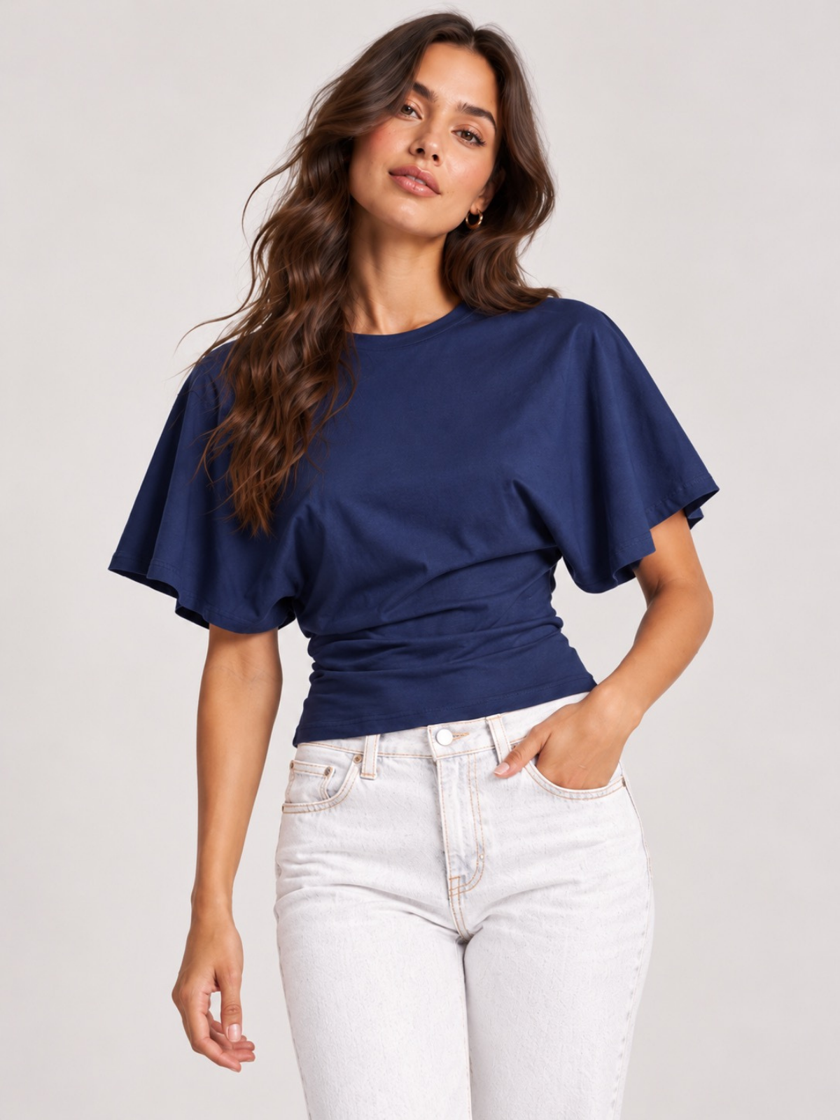 Batwing Sleeve Cinched Waist Crop Top Navy XS, Navy S, Navy M, Navy L, Navy XL, Navy 2XL, Navy 3XL, Navy 4XL