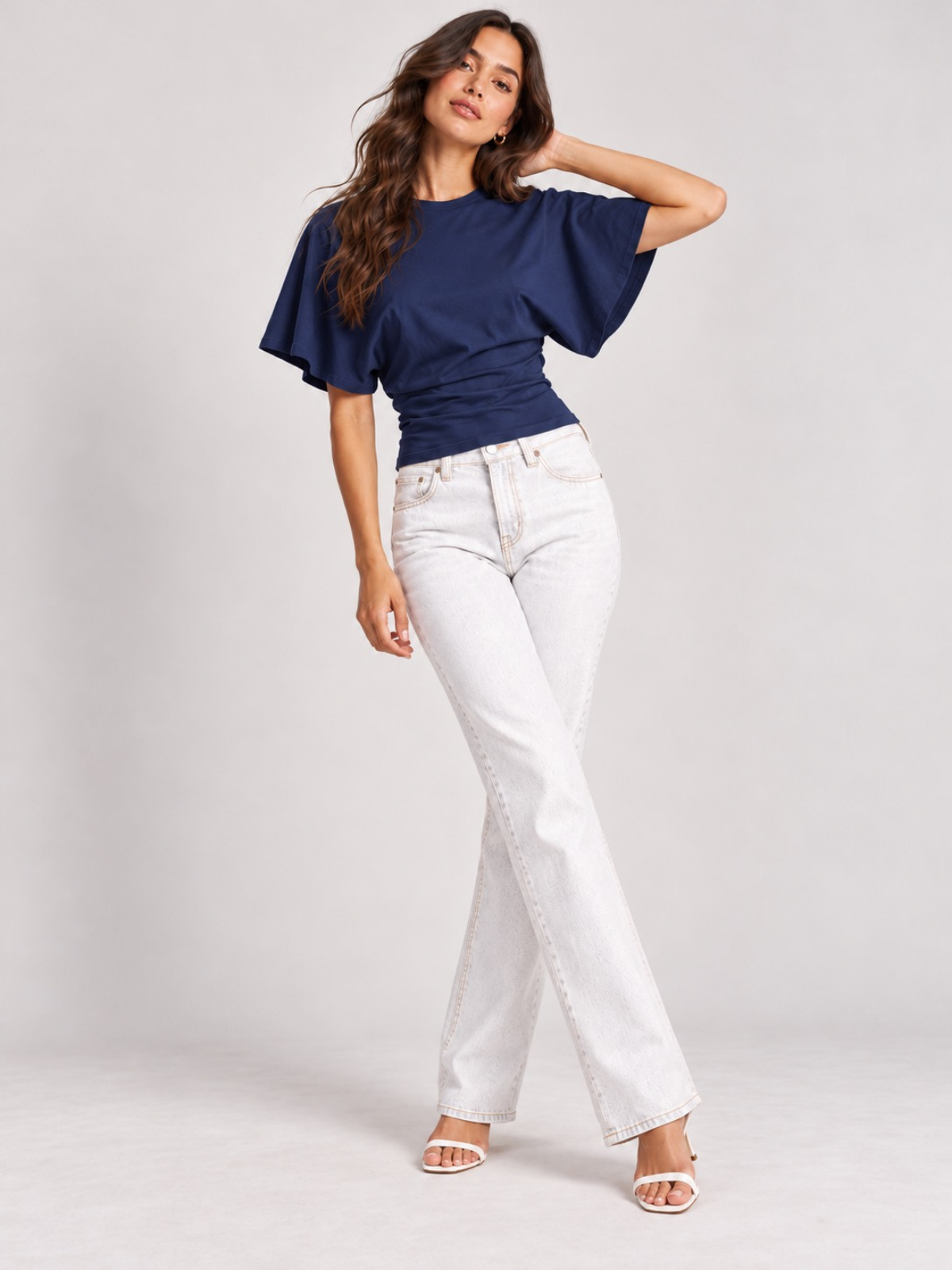 Batwing Sleeve Cinched Waist Crop Top Navy XS, Navy S, Navy M, Navy L, Navy XL, Navy 2XL, Navy 3XL, Navy 4XL
